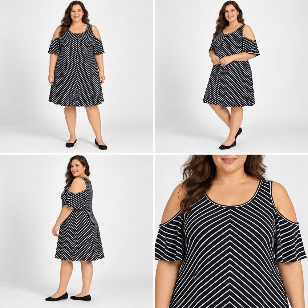 Lane Bryant Dress Womens Plus 14/16 Black White Chevron Cold Shoulder NWT